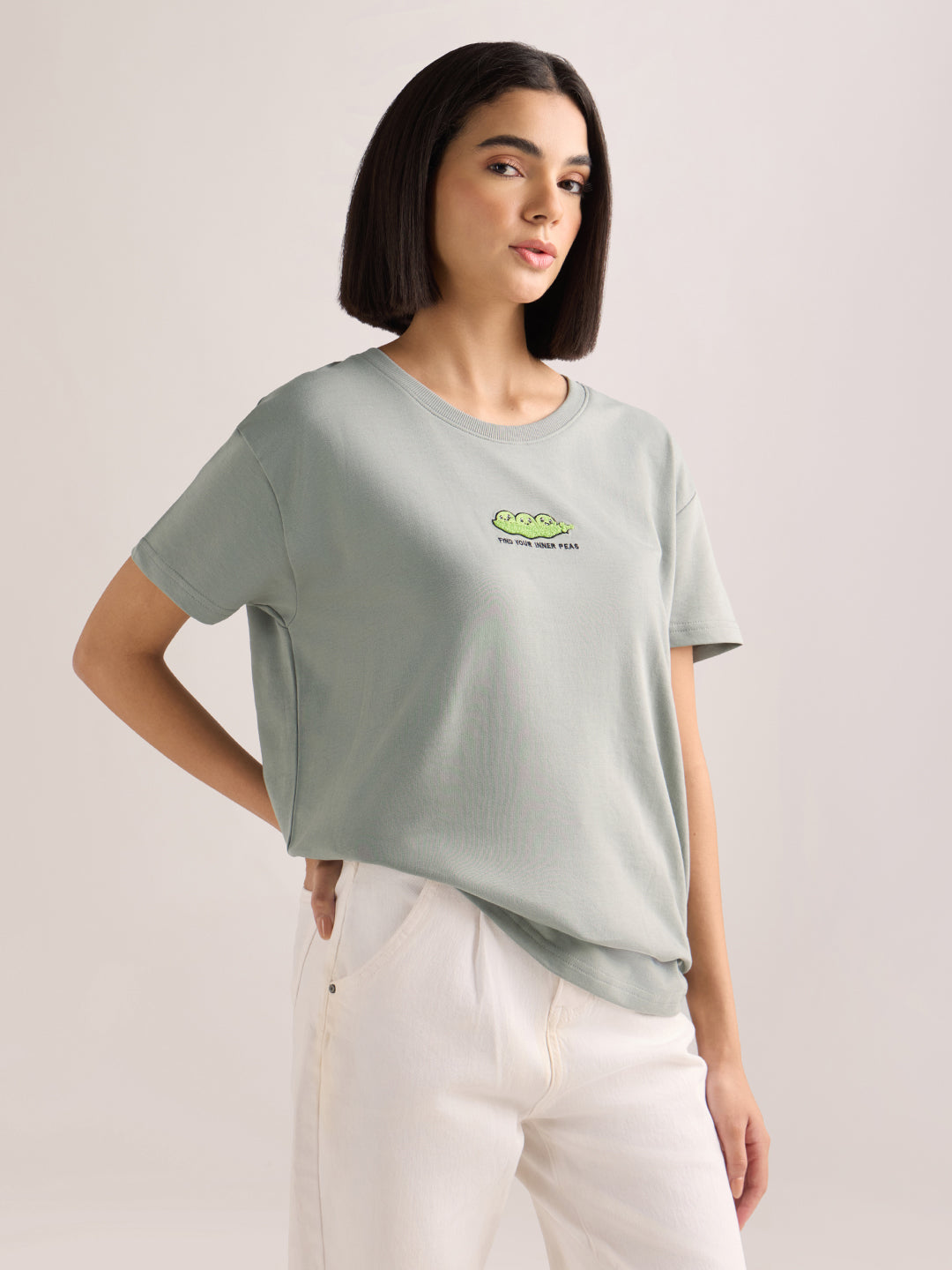 Womens Embroidery Boxy Regular Fit French Terry Cotton Tshirt