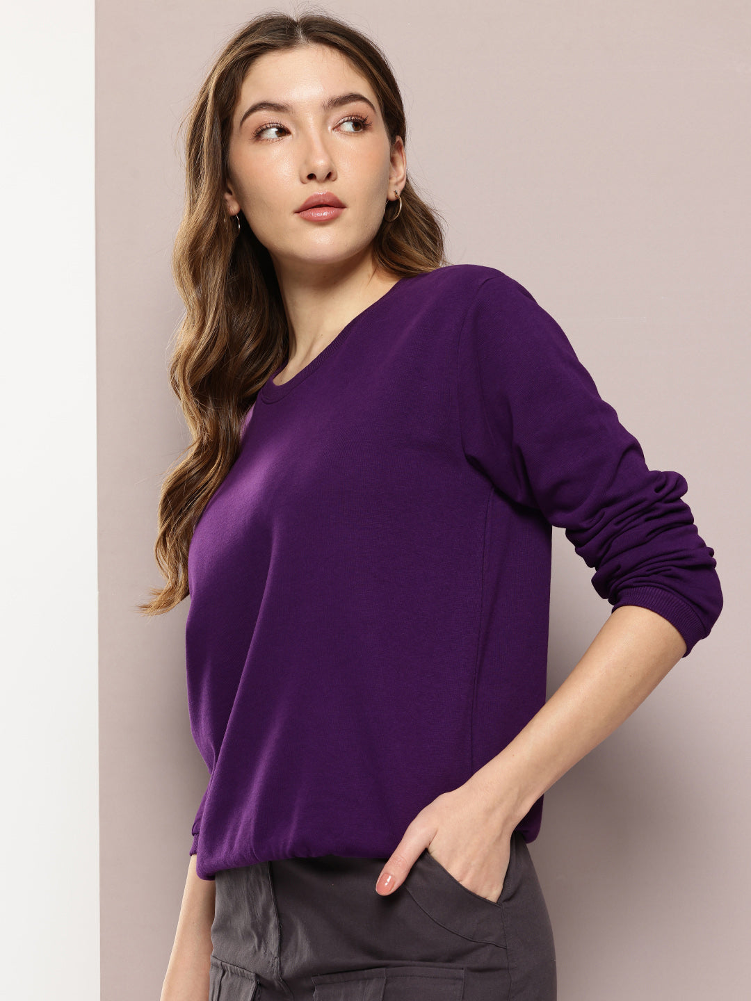 Womens Full Sleeve Round Neck Solid Relaxed Fit Tshirts