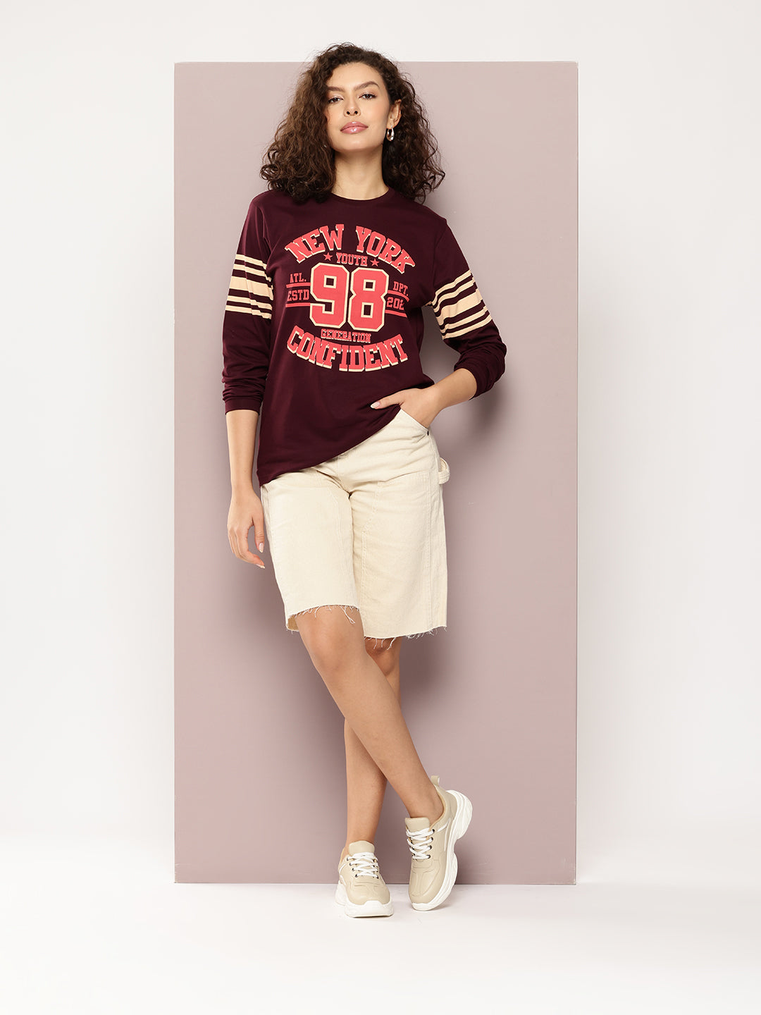 Womens Full Sleeve Round Neck Printed Oversized Fit Tshirts