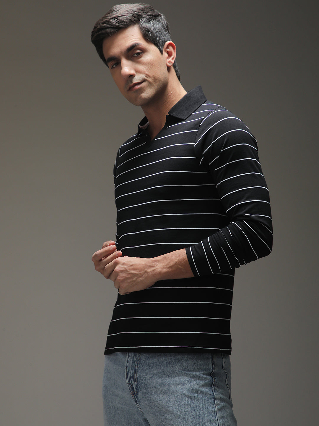 Mens Full Sleeve Polo Neck Striped Regular Fit Tshirts