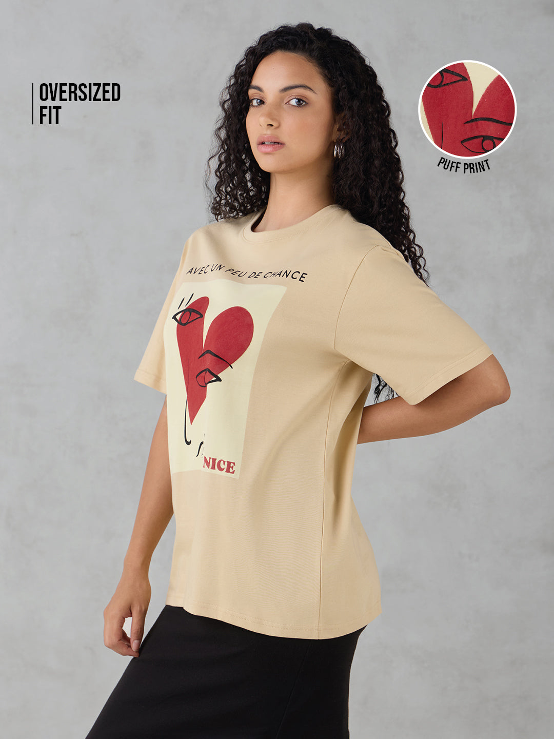 Womens Half Sleeve Puff Printed Oversized Fit Tshirt