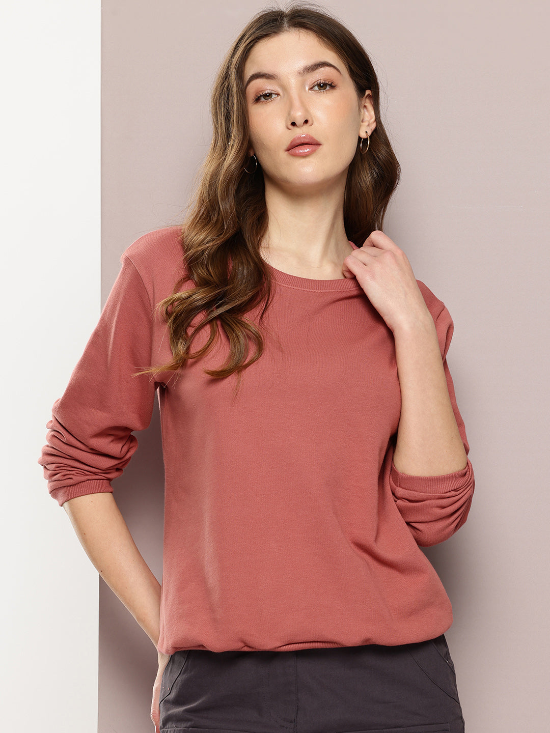 Womens Full Sleeve Round Neck Solid Relaxed Fit Tshirts