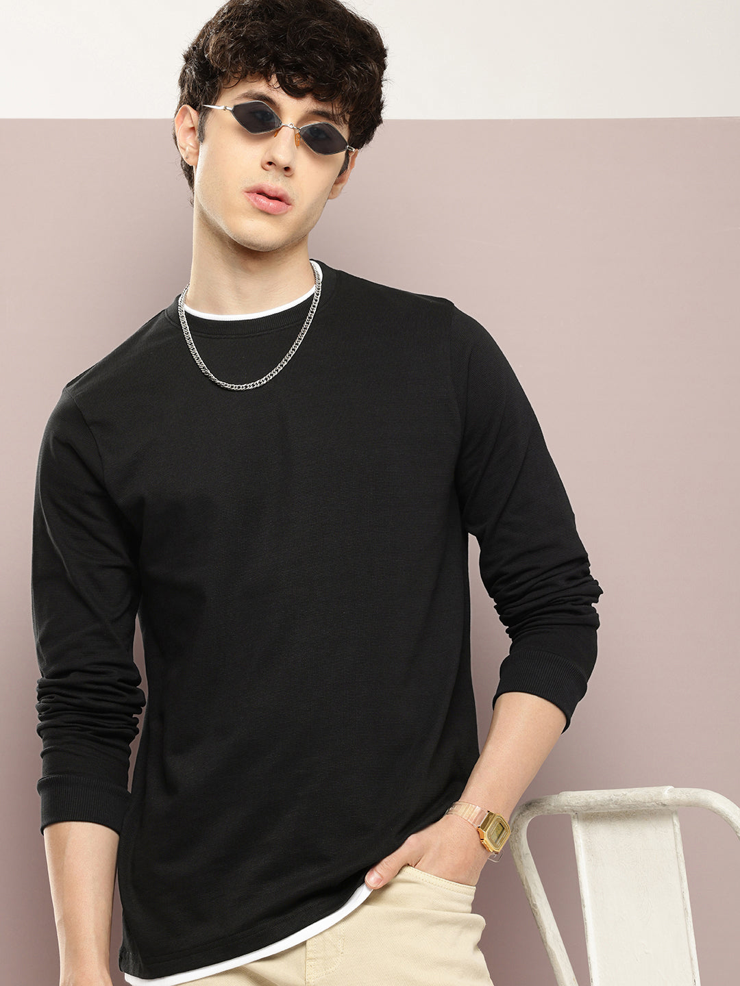 Mens Full Sleeve Round Neck Solid Regular Fit Tshirts
