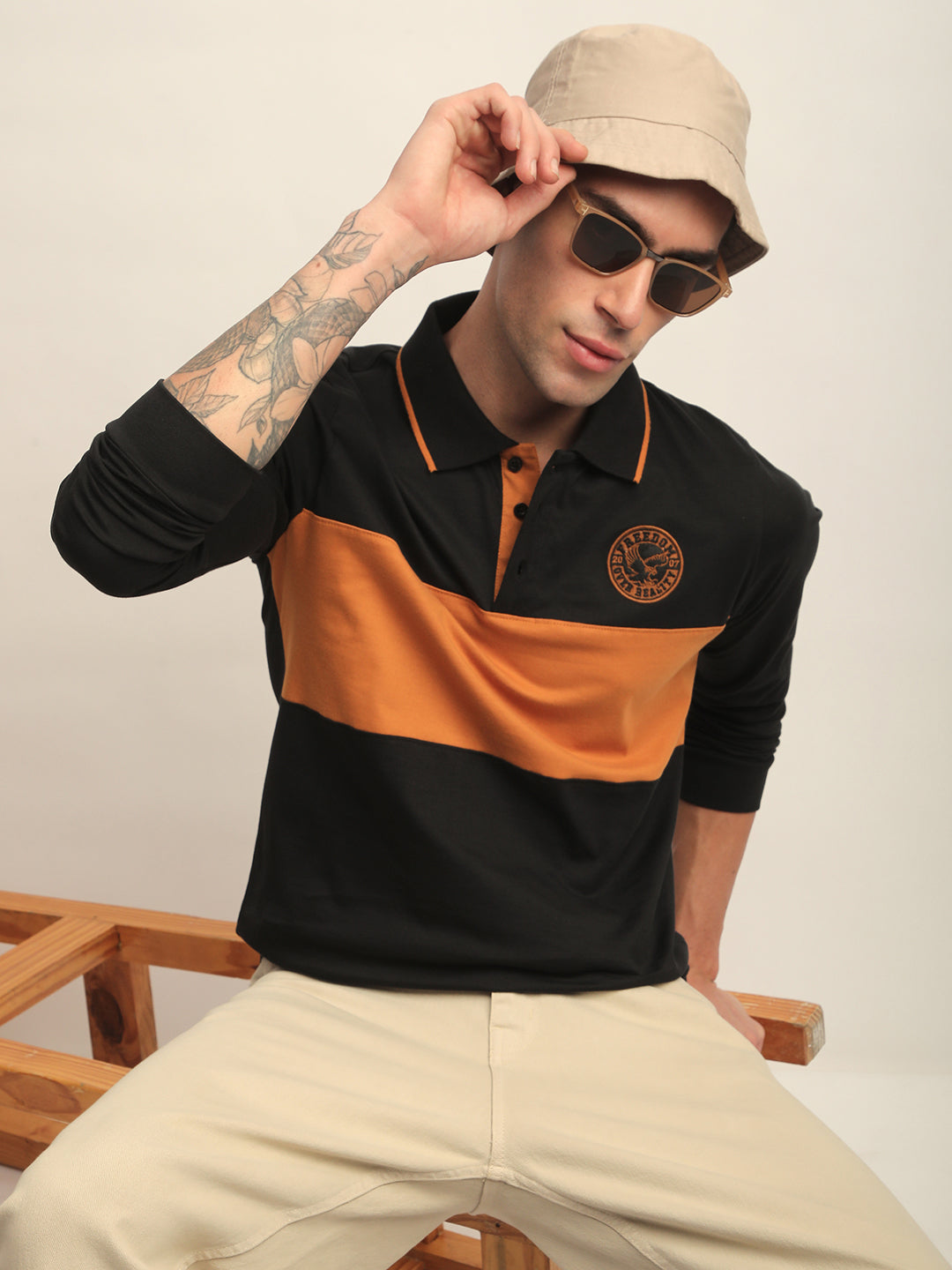 Mens Full Sleeve Polo Neck Self Design Regular Fit Tshirts
