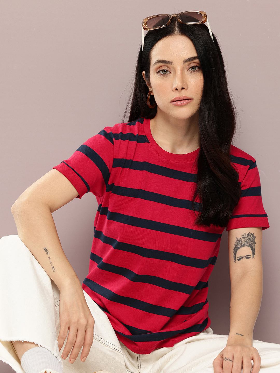 Womens Half Sleeve Round Neck All-Over Striped Regular Fit Tshirts