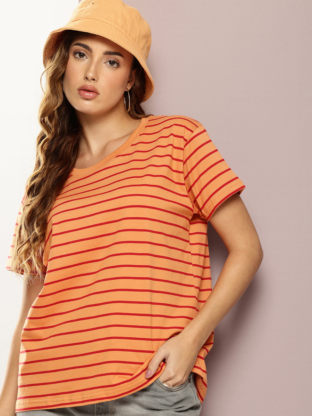 Womens Half Sleeve Round Neck All-Over Striped Boxy Fit Tshirts