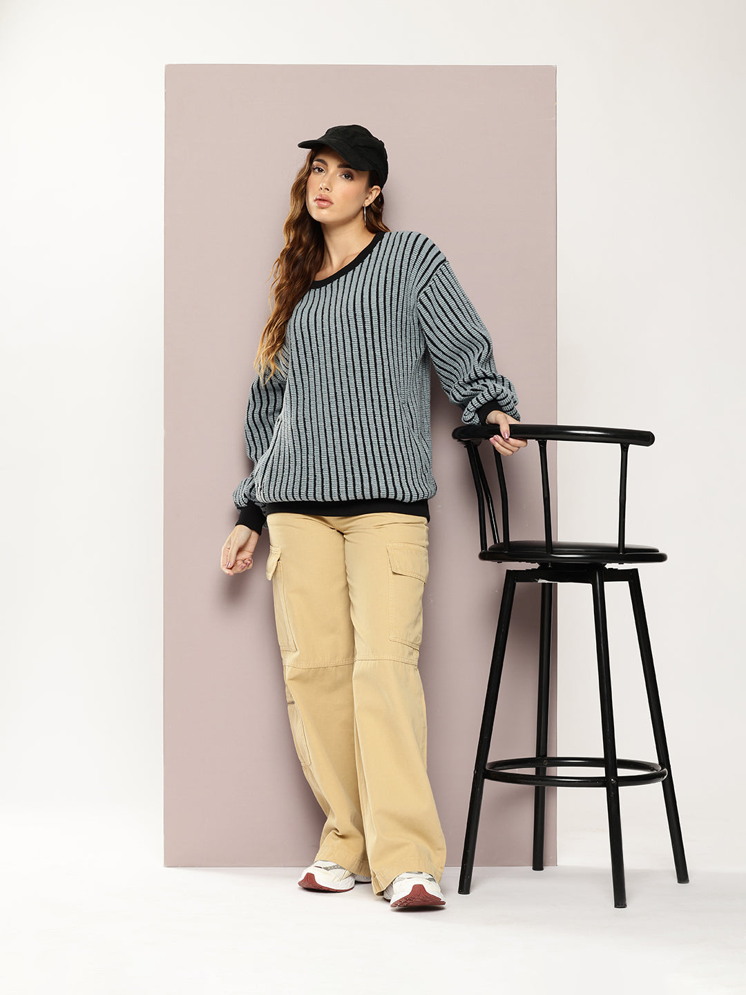 Women Long Sleeve Oversized Striped Sweatshirt