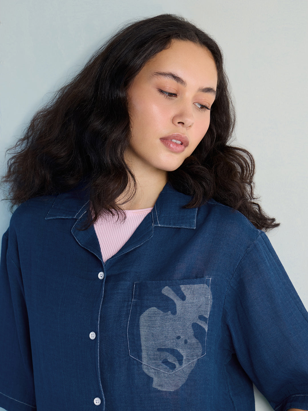 Womens Laser Printed Boxy Regular Cuban Collar Neck Denim Shirt