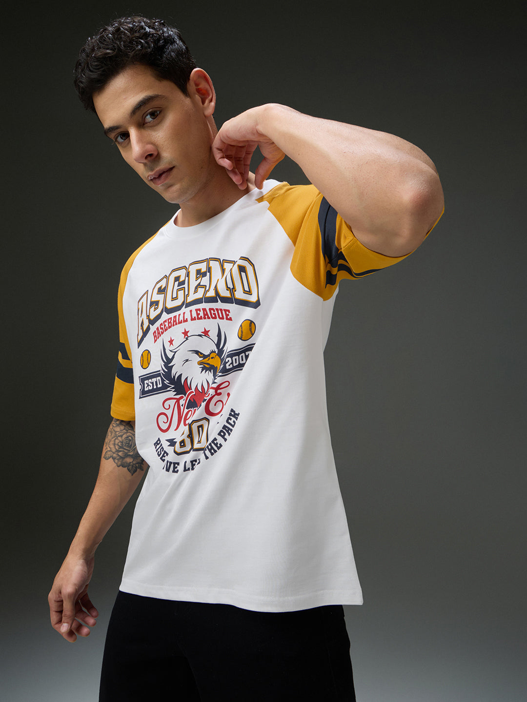 Mens Round Neck Raglan Sleeve Printed Oversized Fit Tshirt