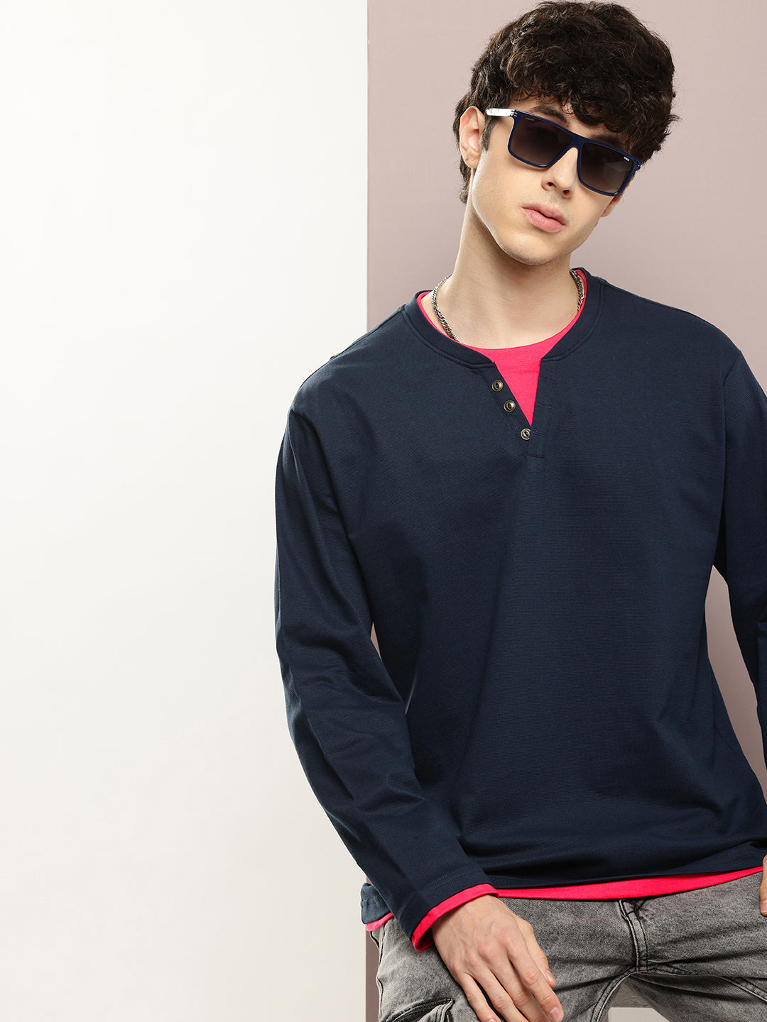 Mens Full Sleeve V-Neck Solid Oversized Fit Tshirts