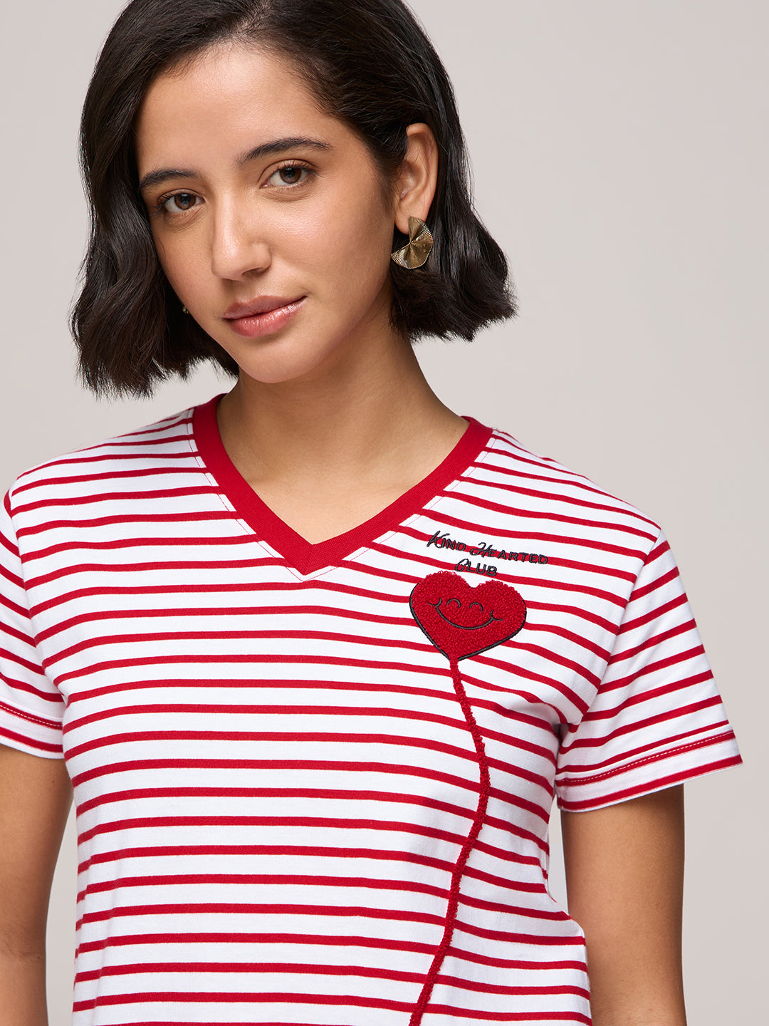 Womens Striped Regular Fit Cotton V-Neck T-Shirt
