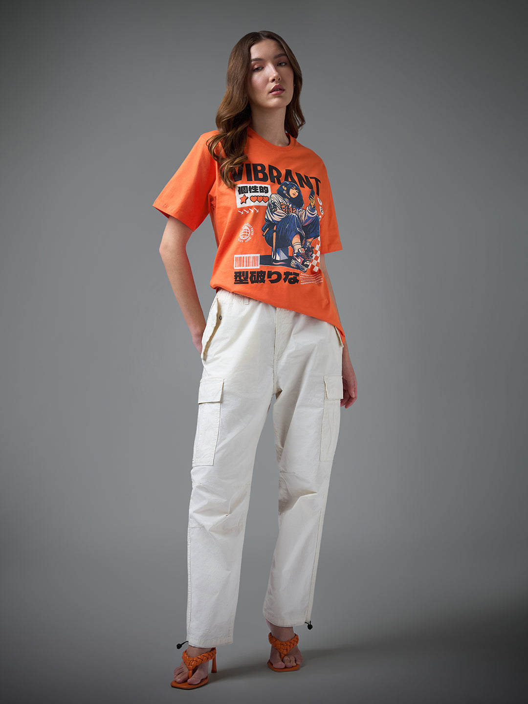 Womens Printed Round Neck Oversized Fit Tshirt