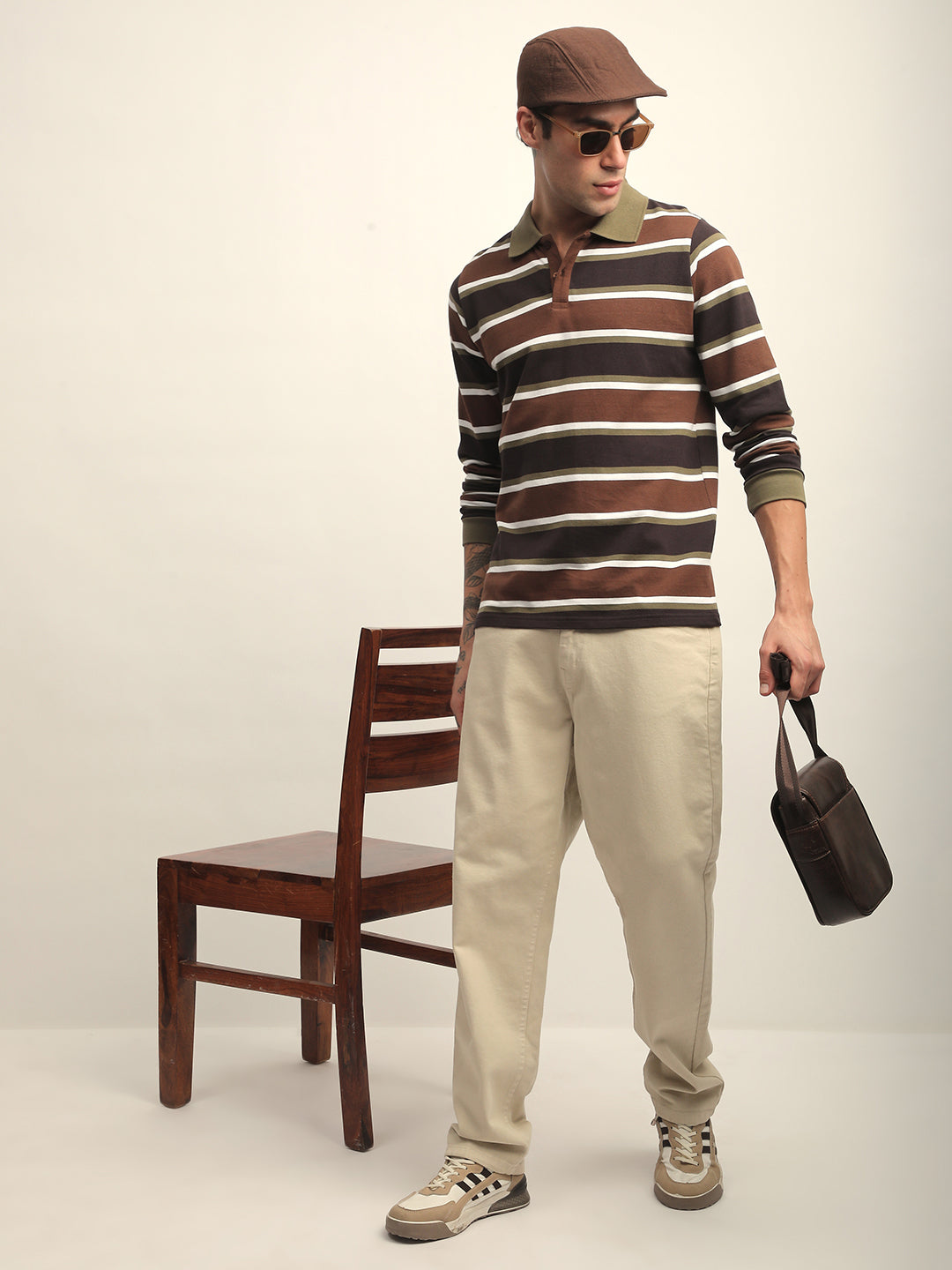 Mens Full Sleeve Polo Neck All-Over Striped Regular Fit Tshirts