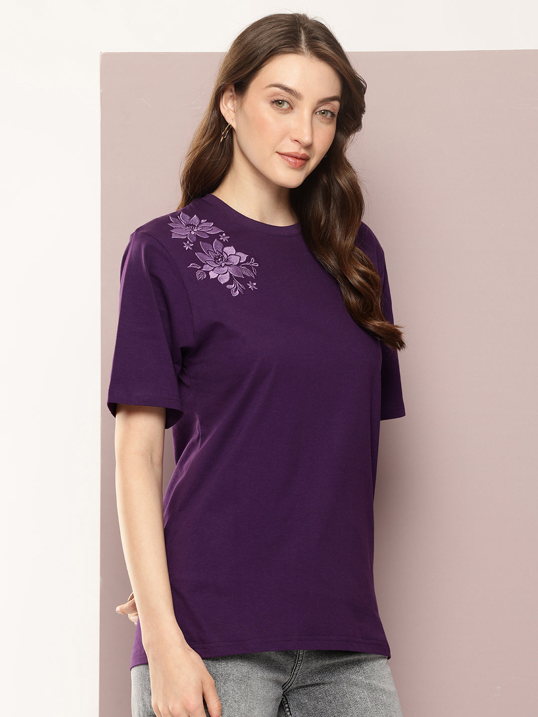 Womens Half Sleeve Round Neck Embroidered Oversized Fit Tshirts