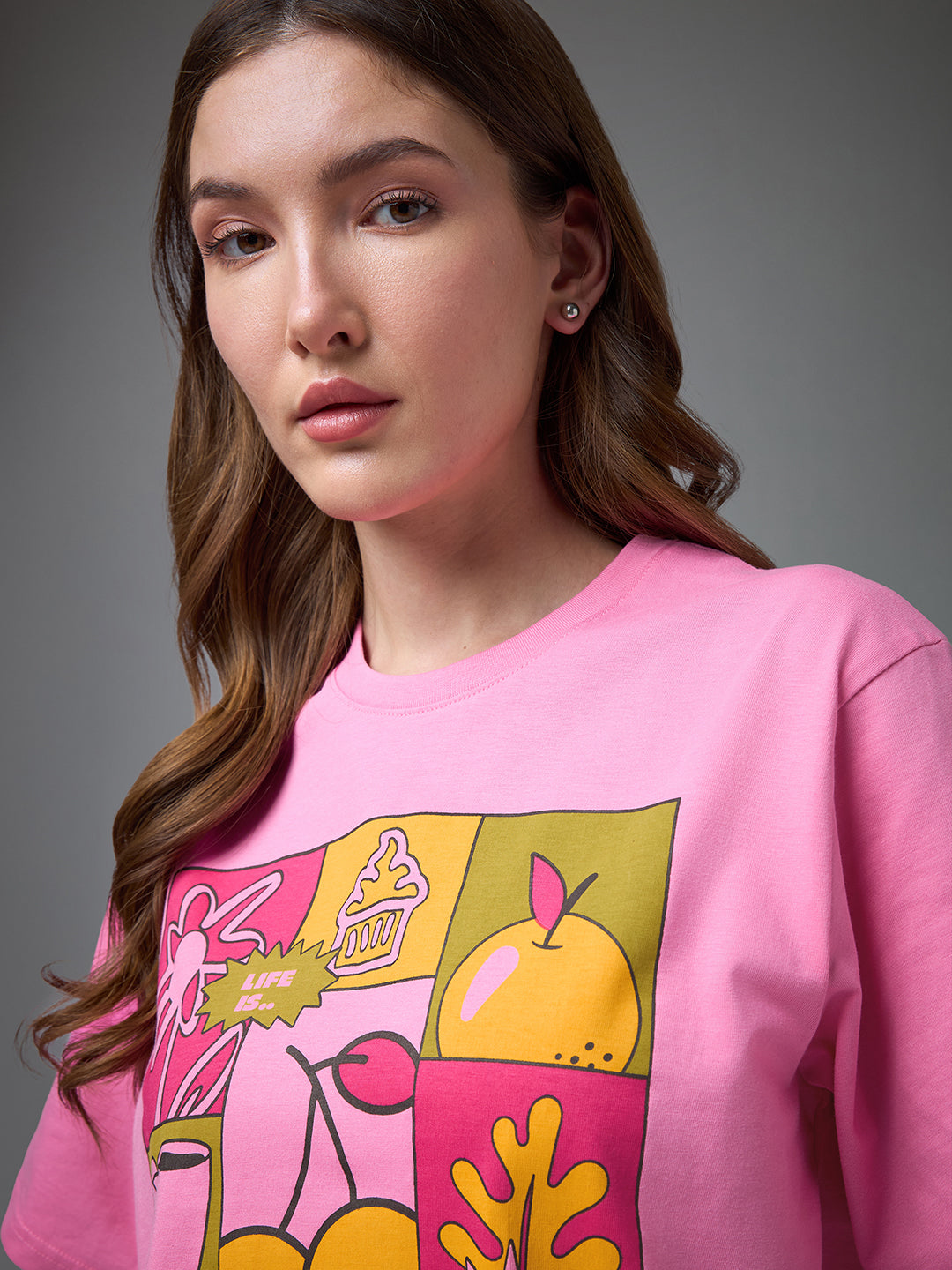 Womens Printed Round Neck Oversized Fit Tshirt