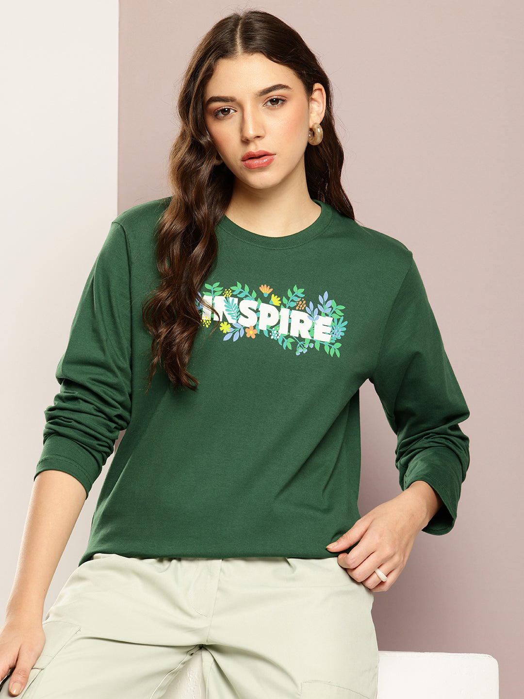 Womens Full Sleeve Round Neck Printed Oversized Fit Tshirts