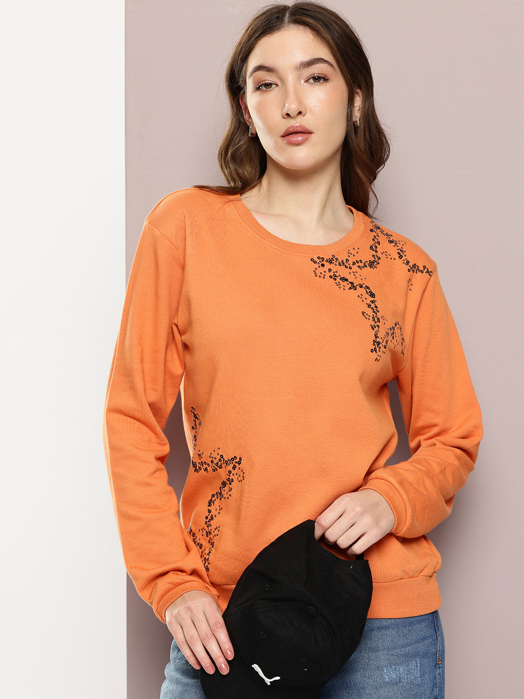 Womens Full Sleeve Round Neck Embroidered Relaxed Fit Tshirts