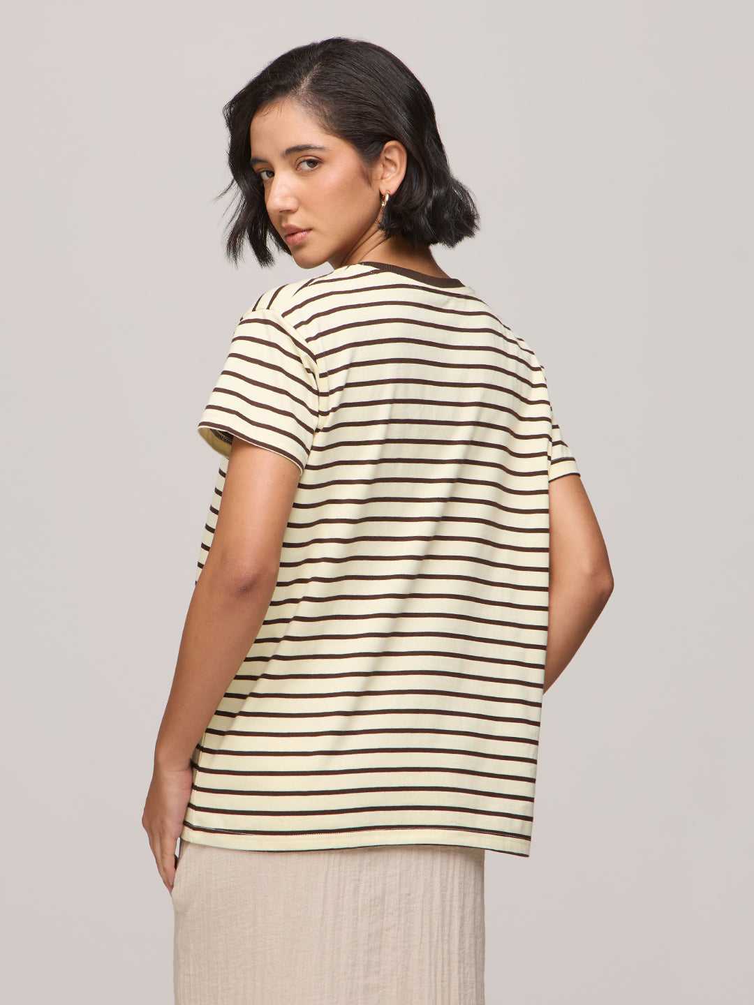 Womens Striped Boxy Regular Fit Cotton V-Neck T-Shirt