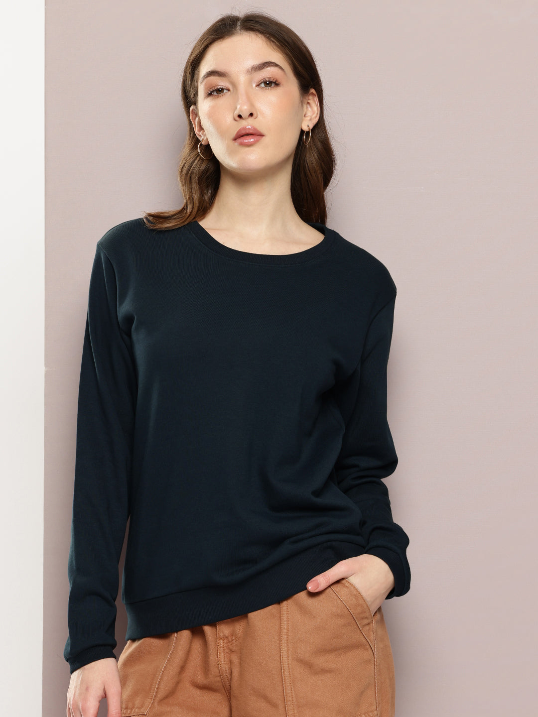 Womens Full Sleeve Round Neck Solid Relaxed Fit Tshirts