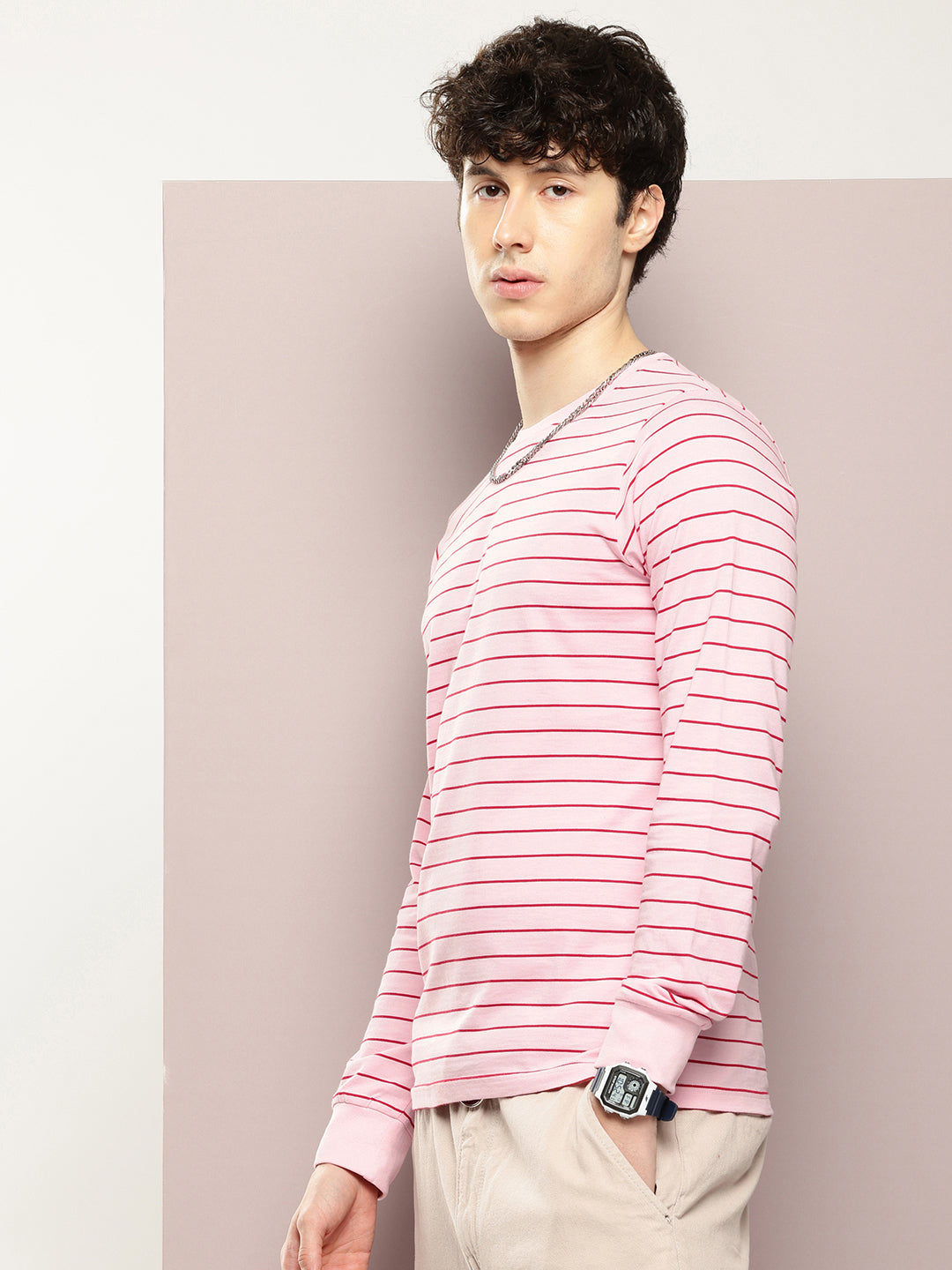 Mens Full Sleeve Round Neck Striped Regular Fit Tshirts