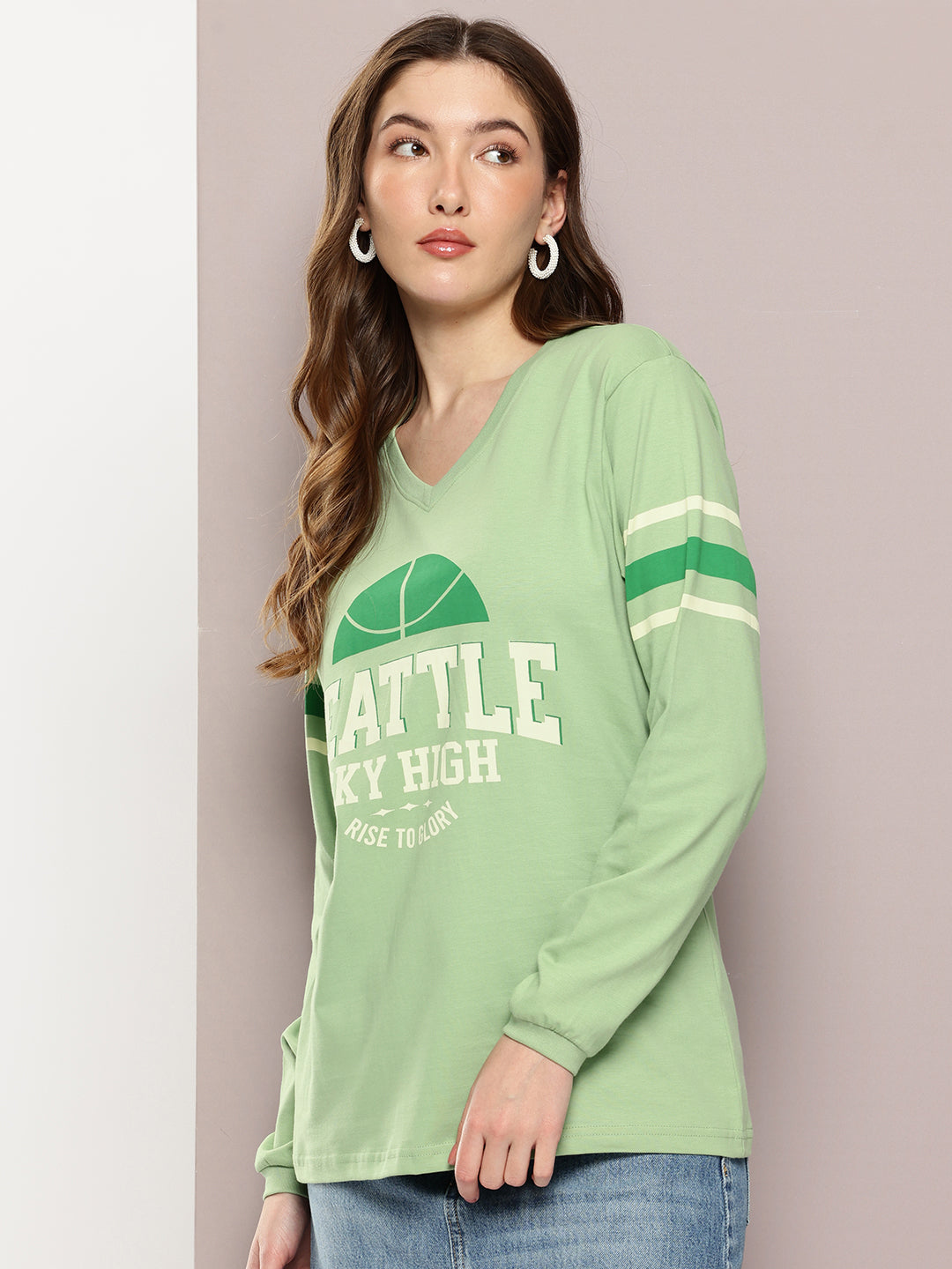 Womens Full Sleeve Round Neck Printed Oversized Fit Tshirts