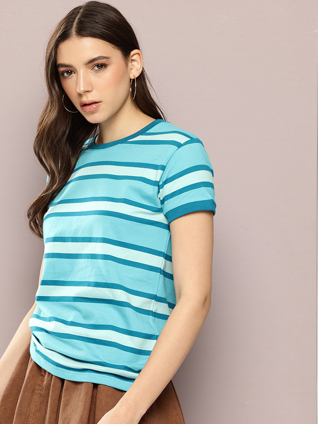 Womens Half Sleeve Round Neck All-Over Striped Regular Fit Tshirts