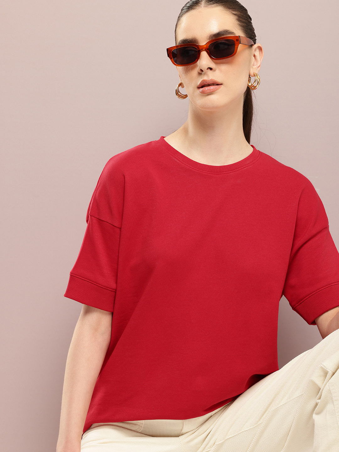Womens Half Sleeve Round Neck Solid Oversized Fit Tshirts