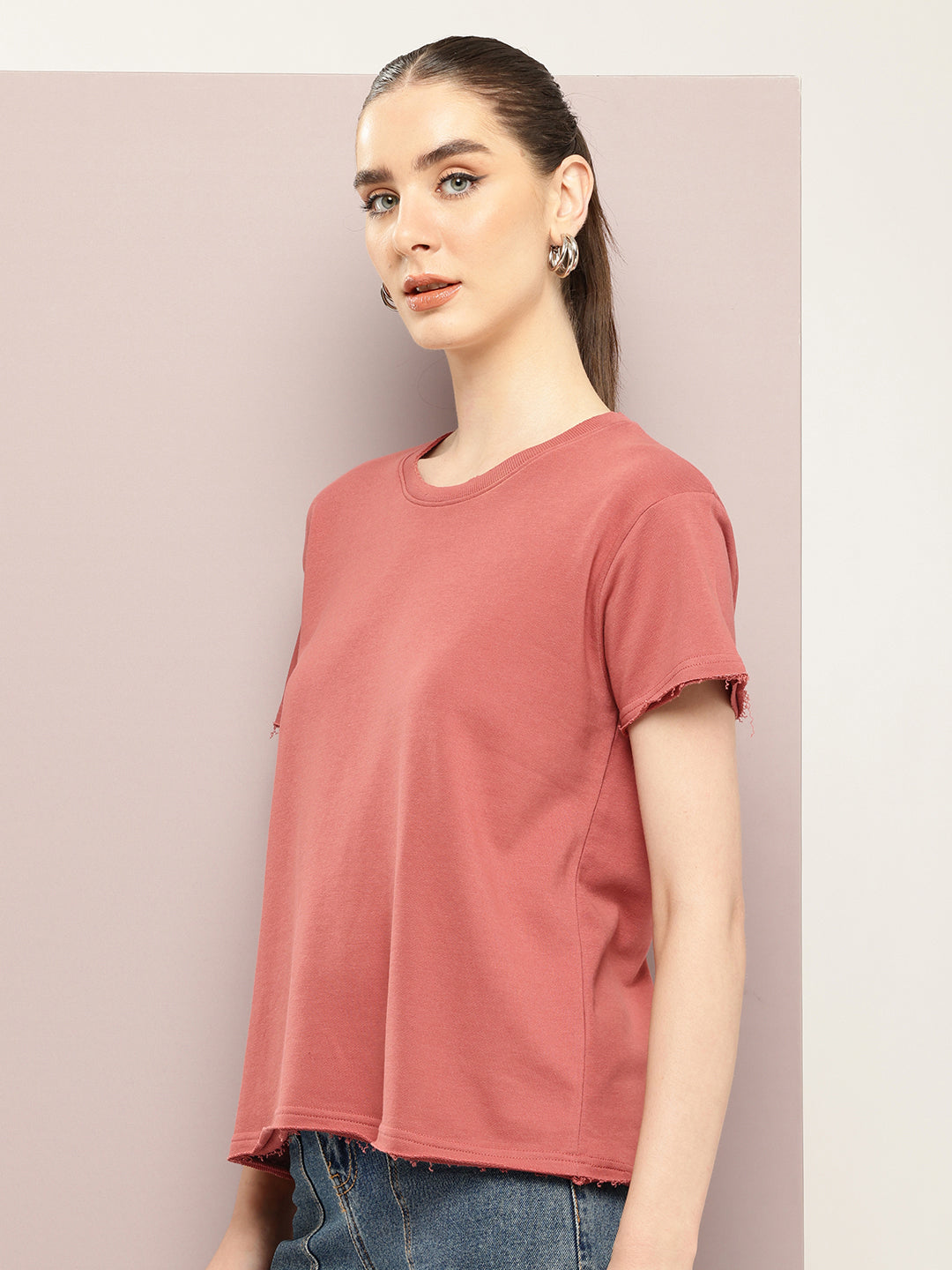 Womens Half Sleeve Round Neck Solid Boxy Fit Tshirts