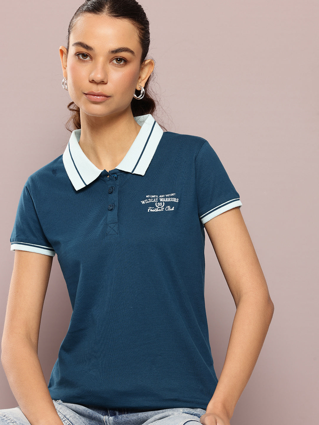 Womens Half Sleeve Polo Neck Embroidered Regular Fit Tshirts