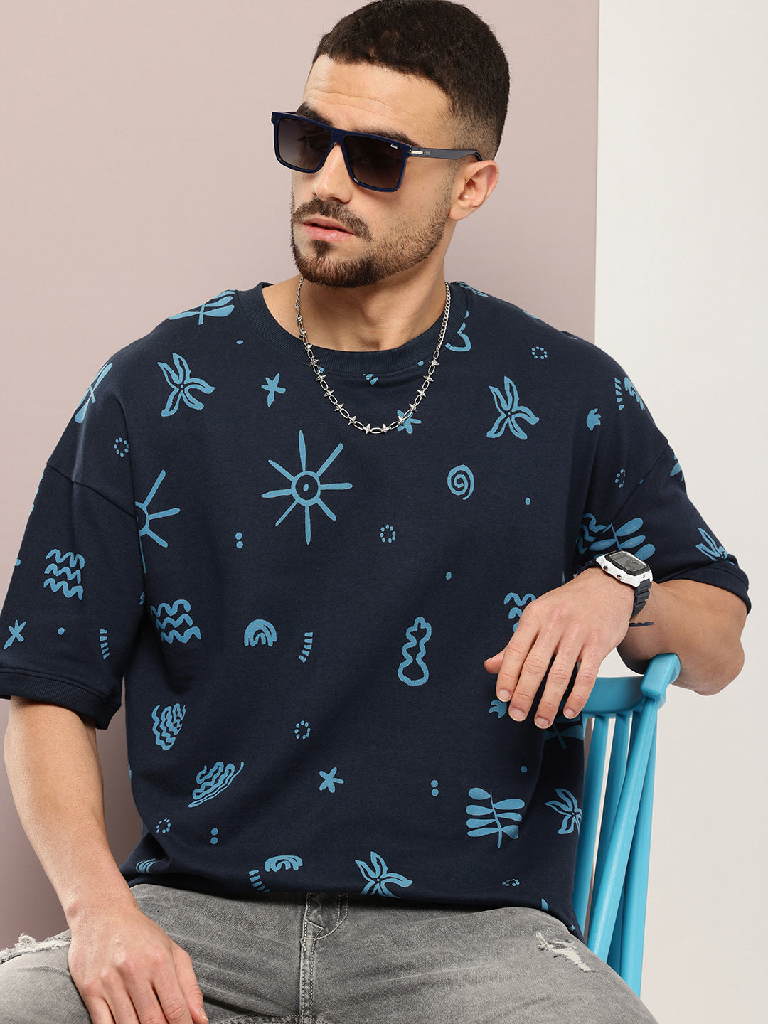 Mens Half Sleeve Round Neck All-Over Printed Oversized Fit Tshirts