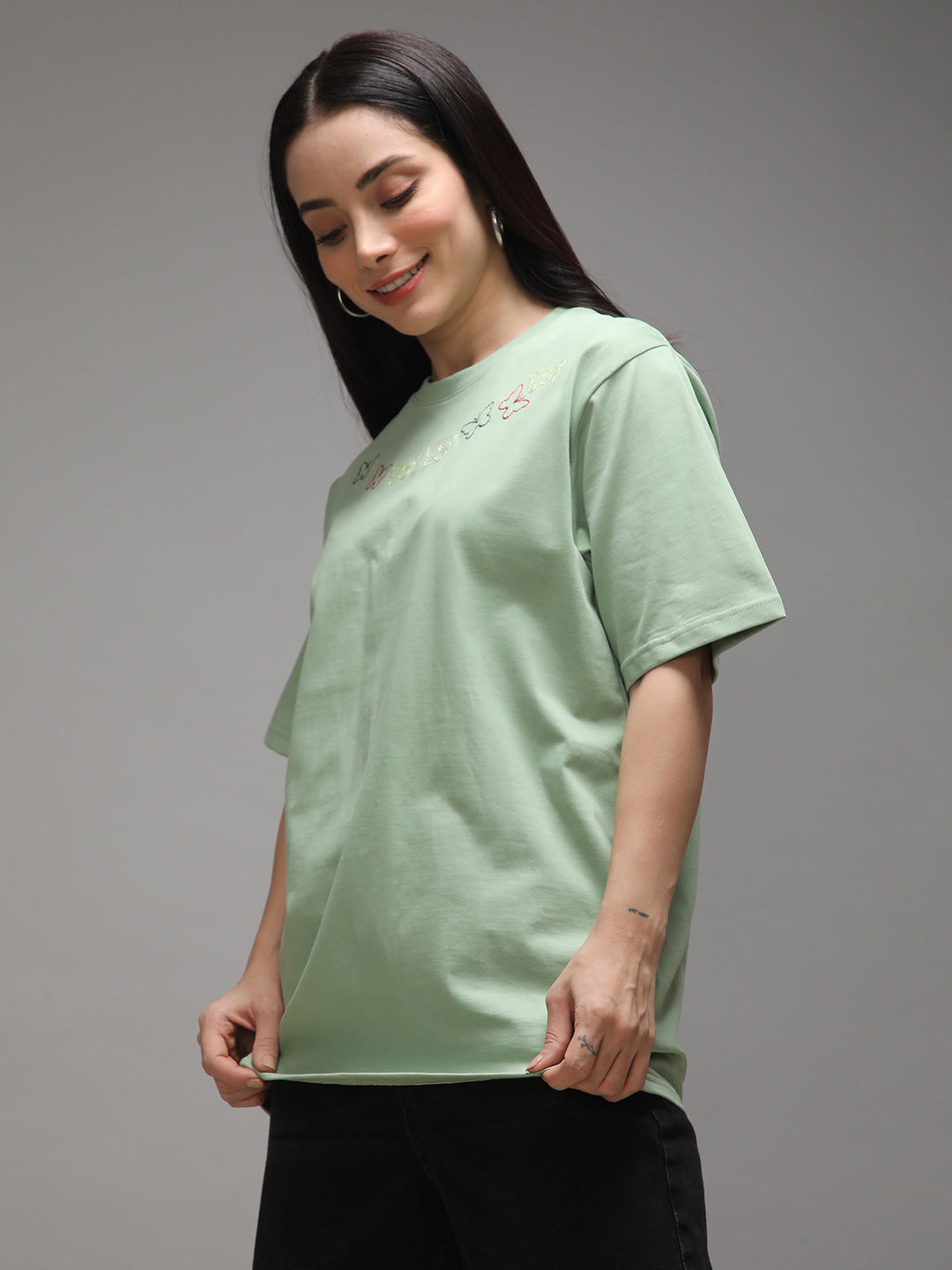 Womens Half Sleeve Round Neck Embroidery Oversized Fit Tshirts