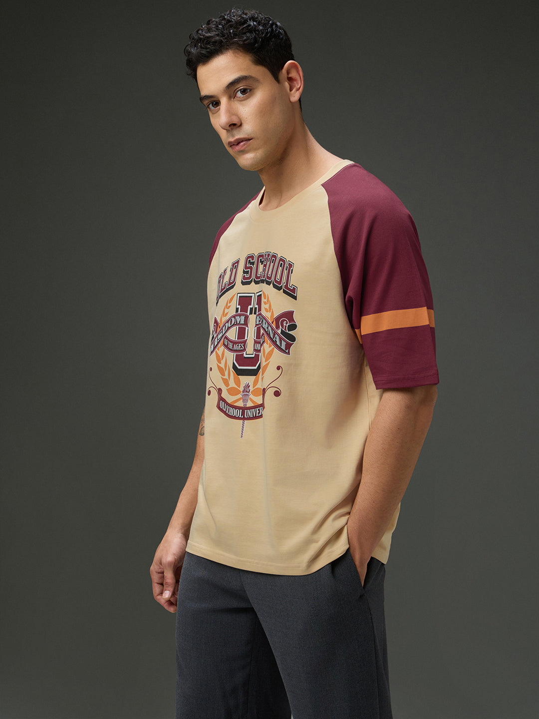 Mens Round Neck Raglan Sleeve Printed Oversized Fit Tshirt
