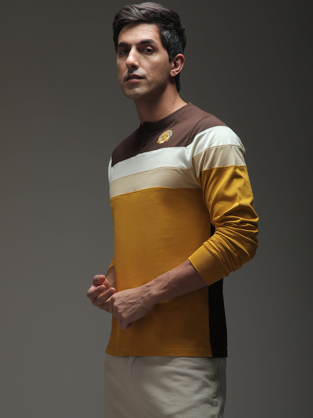 Mens Full Sleeve Henley Neck Printed Regular Fit Tshirts