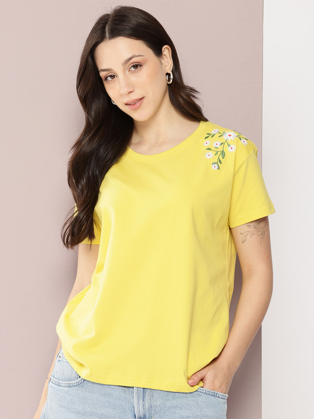 Womens Half Sleeve Round Neck Embroidered Boxy Fit Tshirts