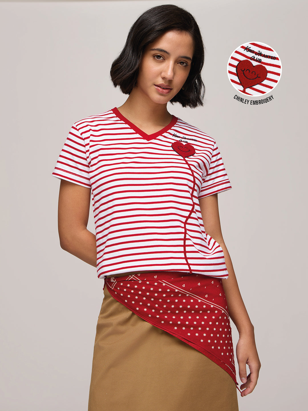 Womens Striped Regular Fit Cotton V-Neck T-Shirt