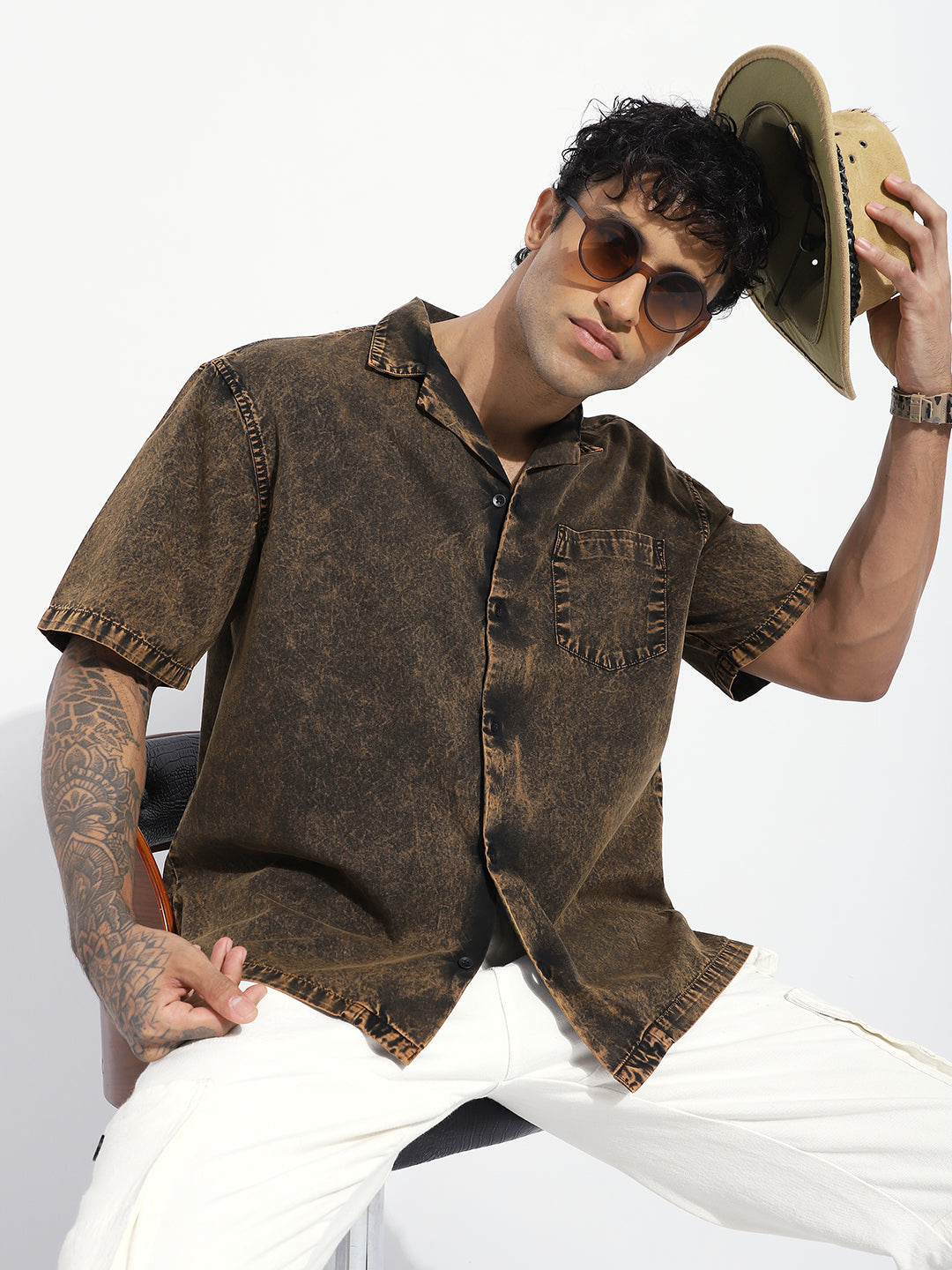 Men Boxy Regular Acid Washed Solid & Pocket Shirt