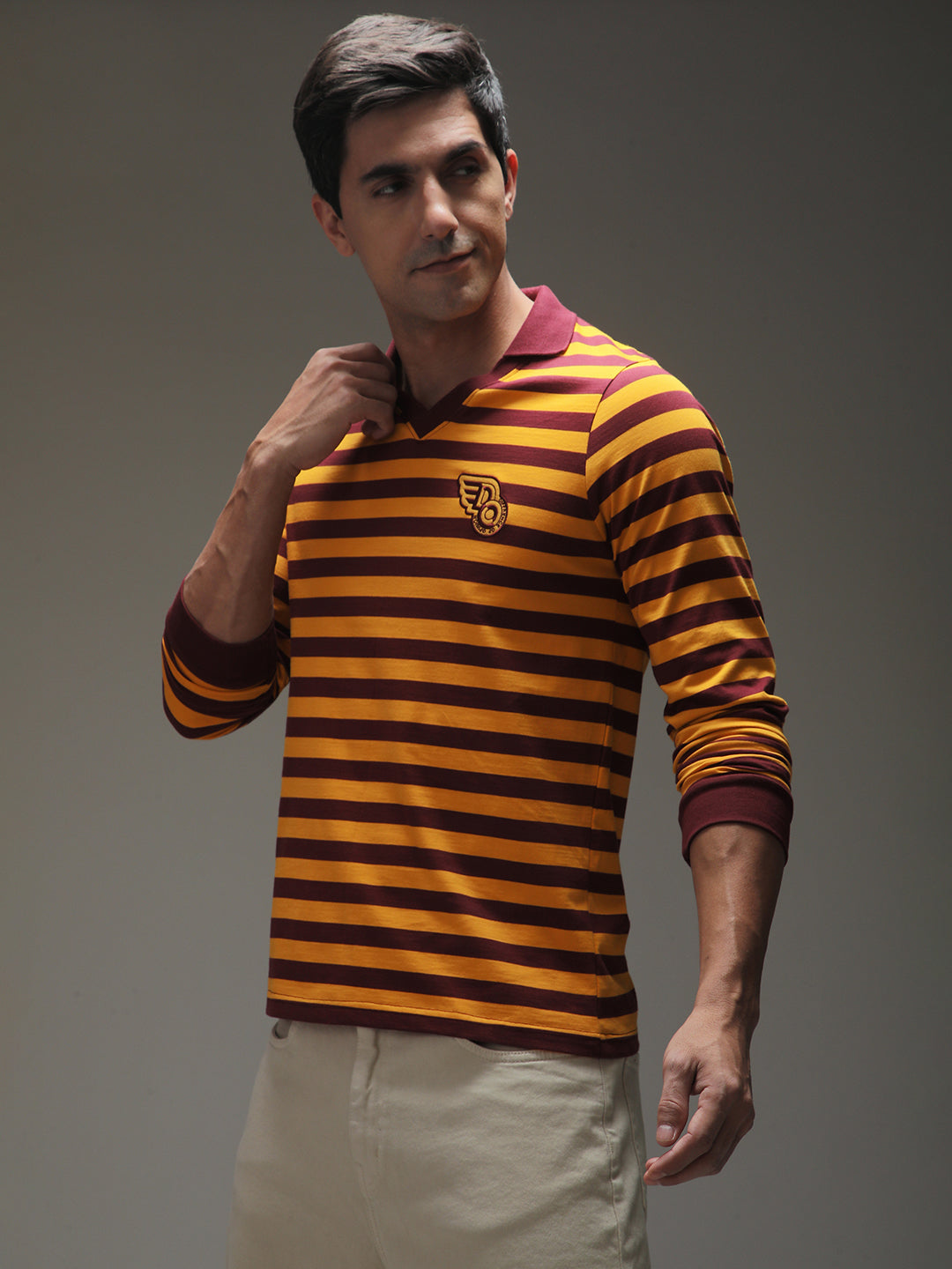 Mens Full Sleeve Polo Neck Striped Regular Fit Tshirts