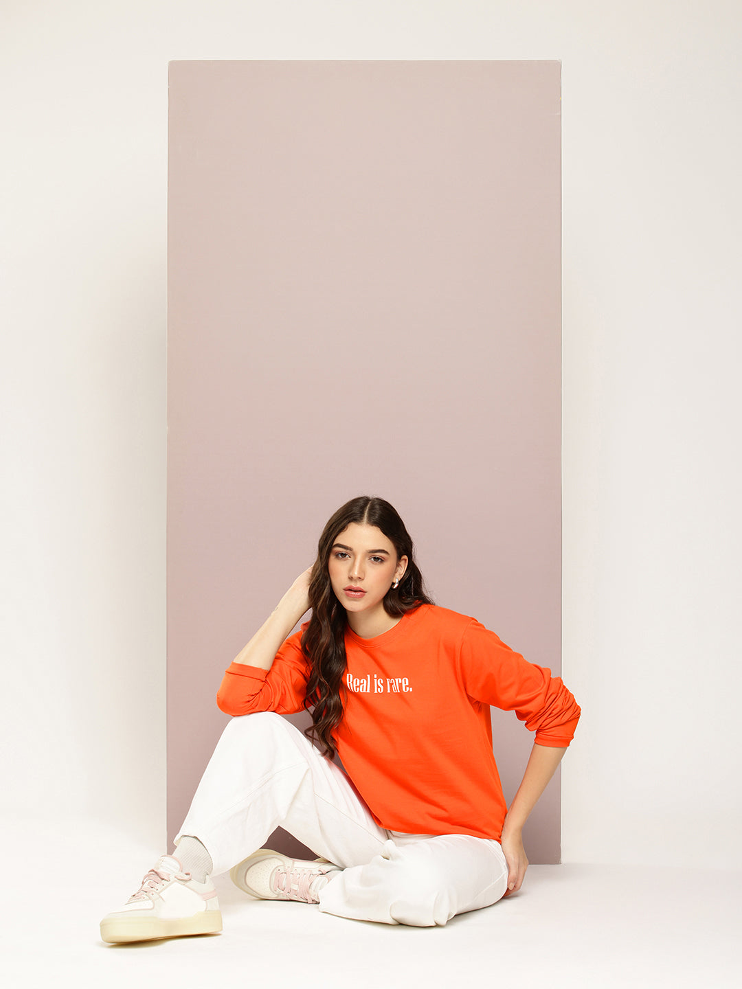 Womens Full Sleeve Round Neck Printed Oversized Fit Tshirts