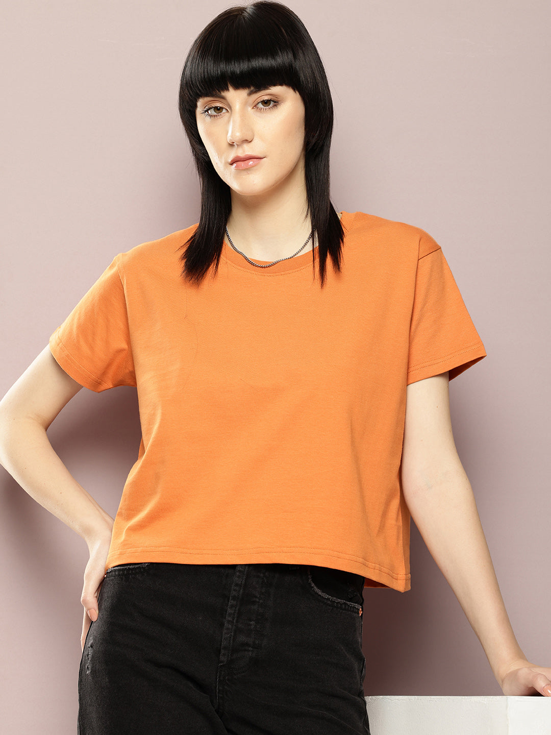 Womens Half Sleeve Round Neck Solid Boxy Fit Tshirts