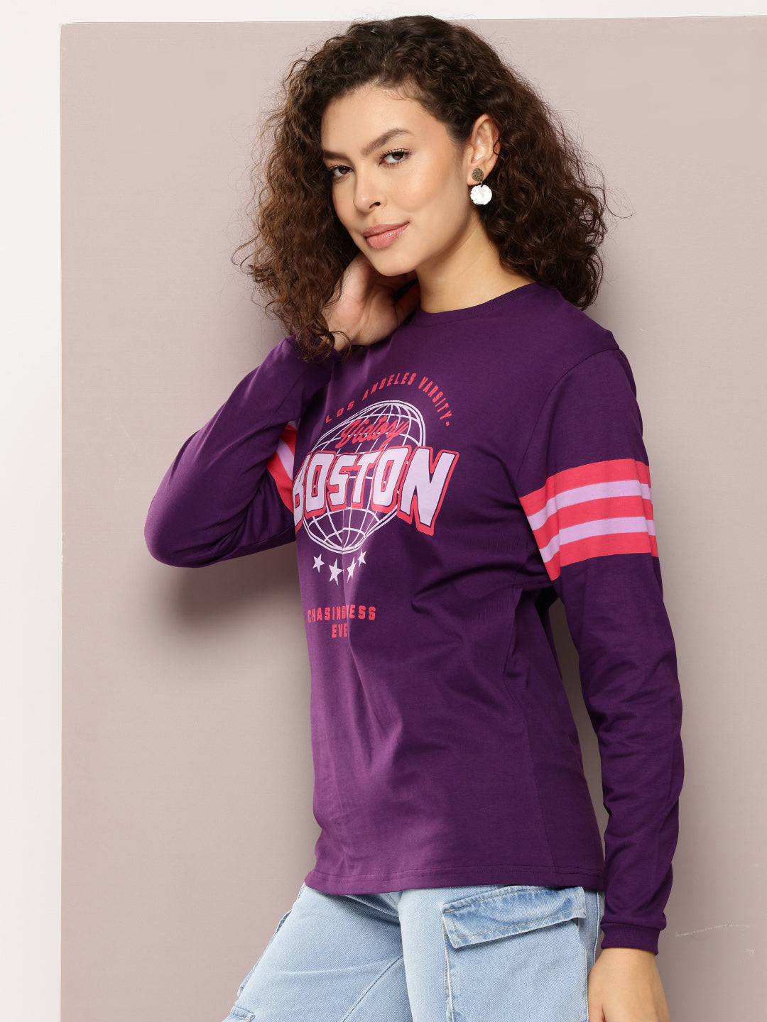 Womens Full Sleeve Round Neck Printed Oversized Fit Tshirts