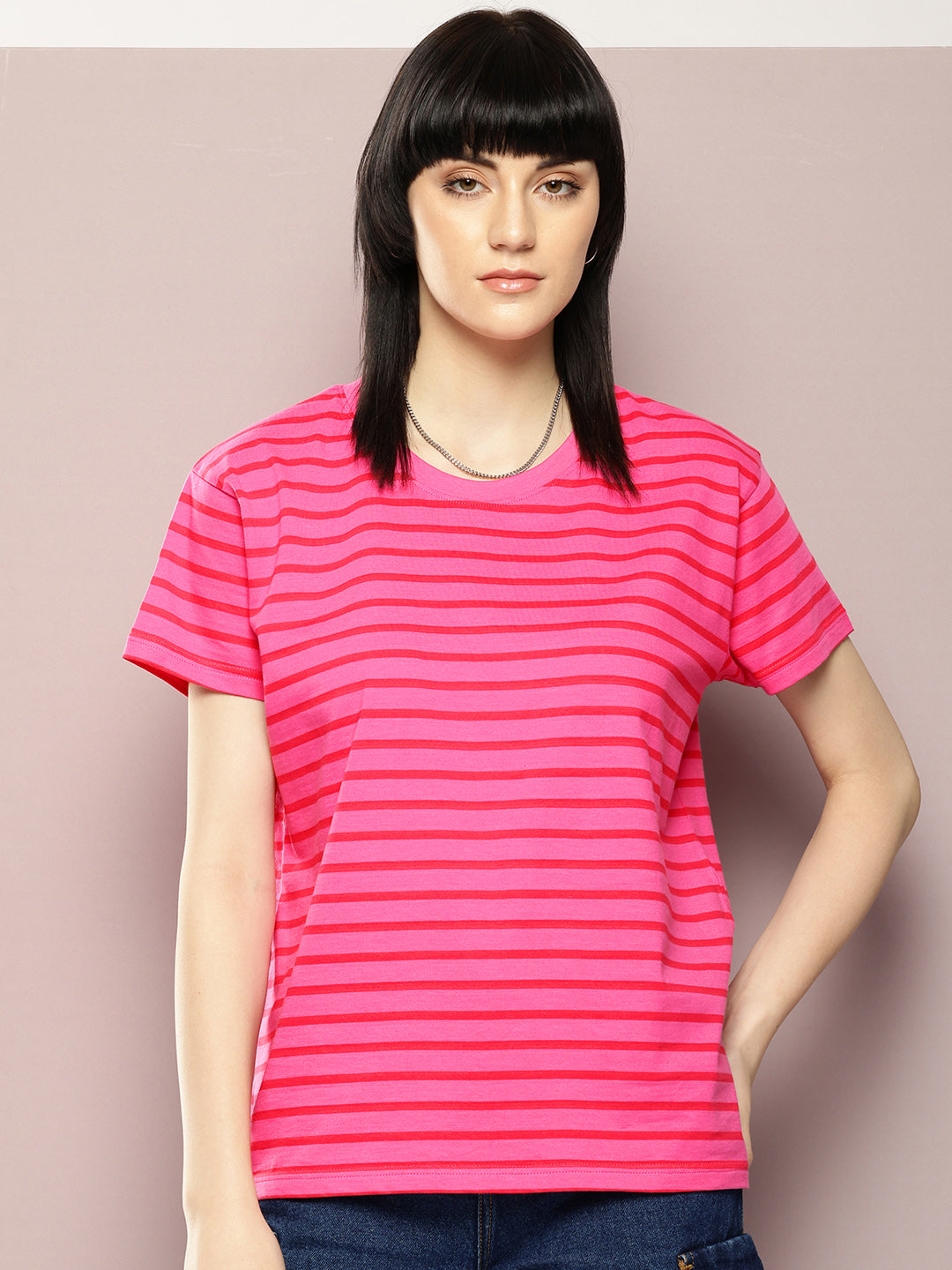 Womens Half Sleeve Round Neck Striped Boxy Fit Tshirts