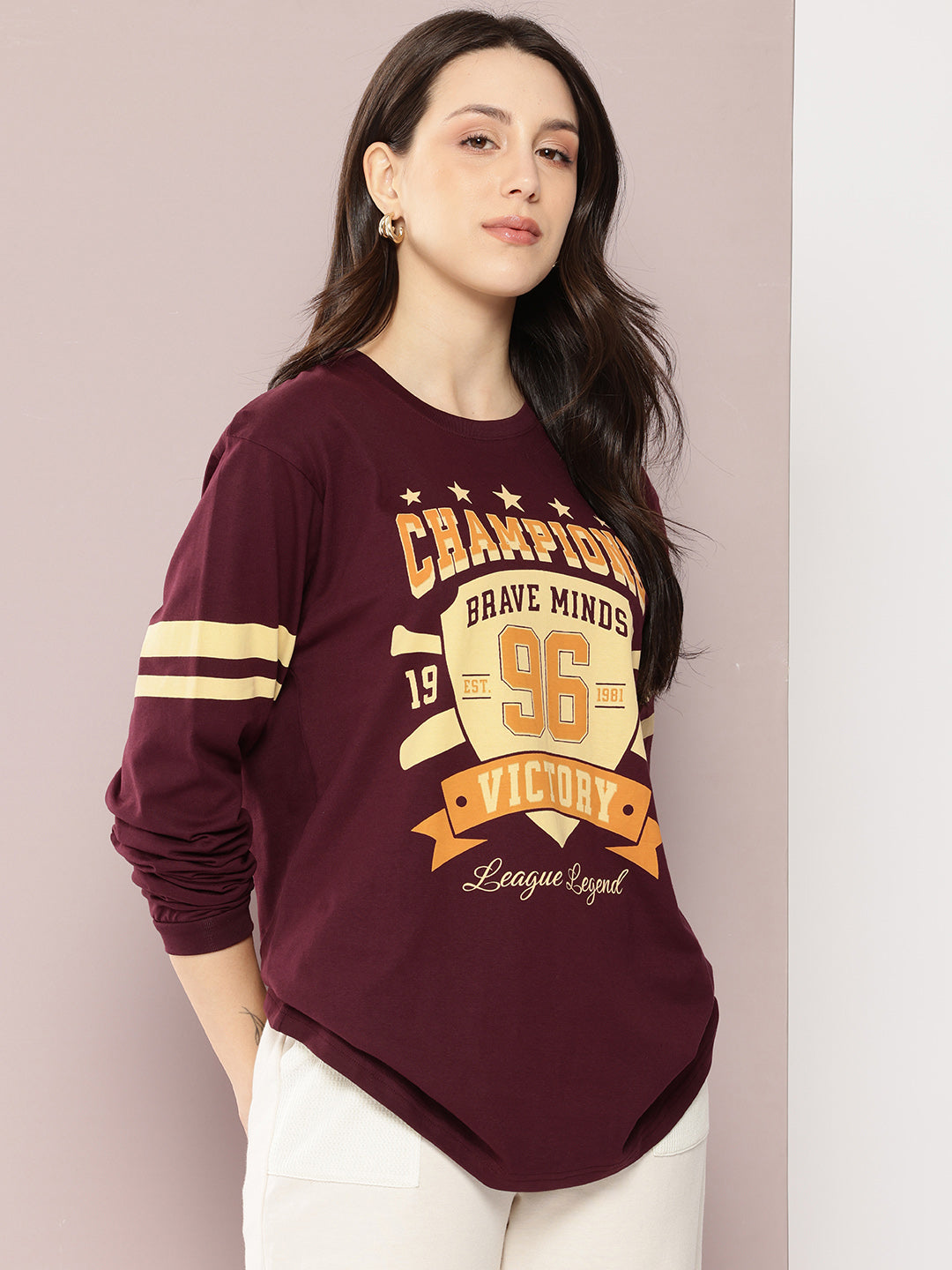 Womens Full Sleeve Round Neck Printed Oversized Fit Tshirts