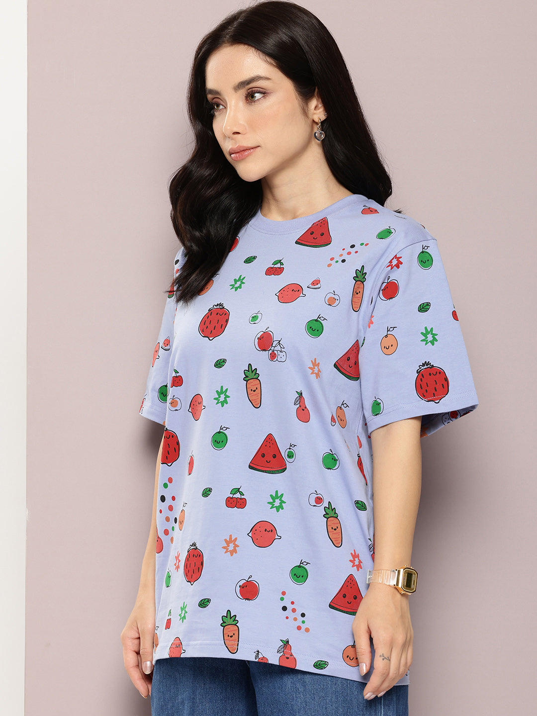 Womens Half Sleeve Round Neck All-Over Printed Oversized Fit Tshirts