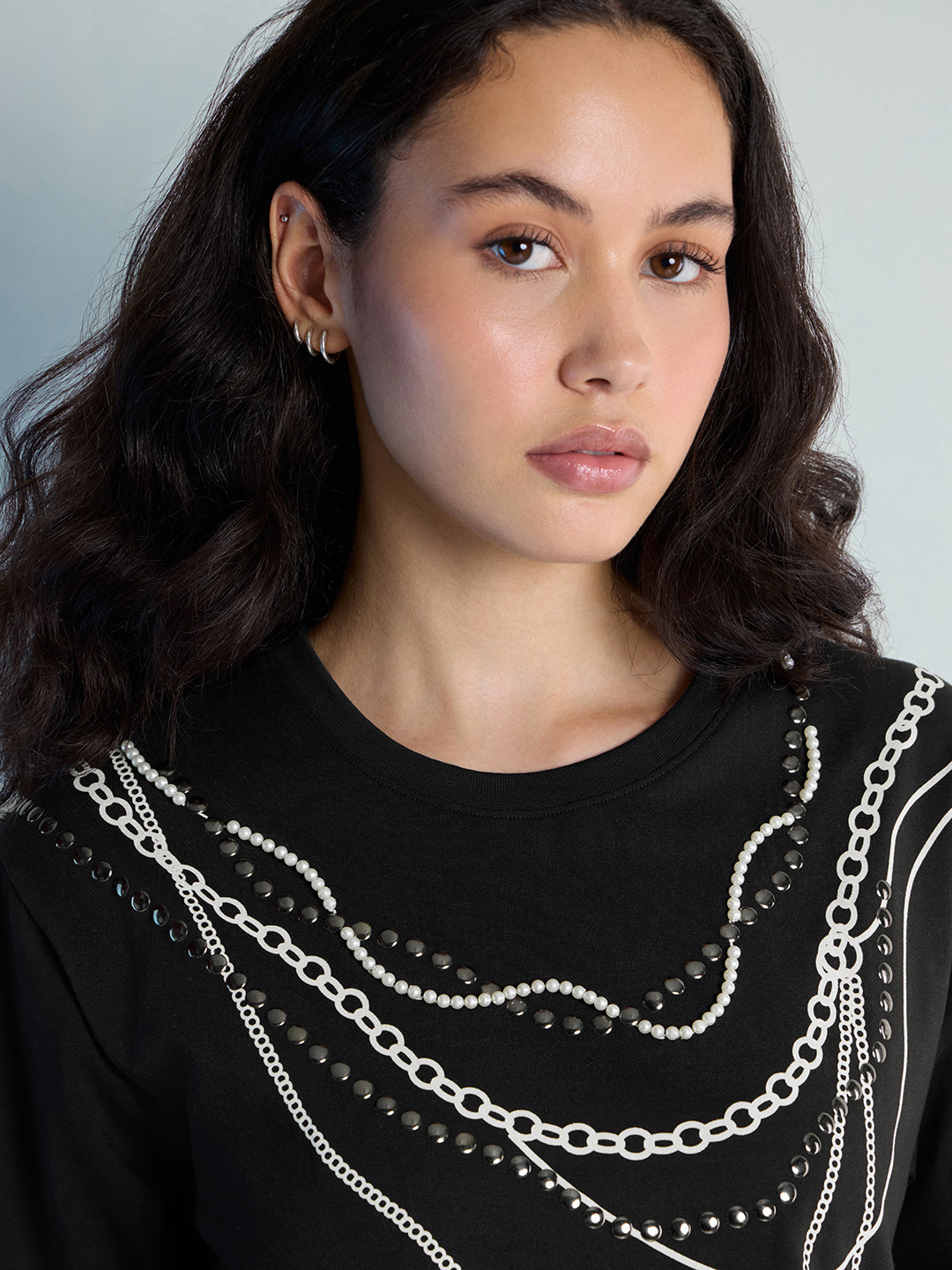 Womens Stud Detailed Oversized Round Neck Tshirt 