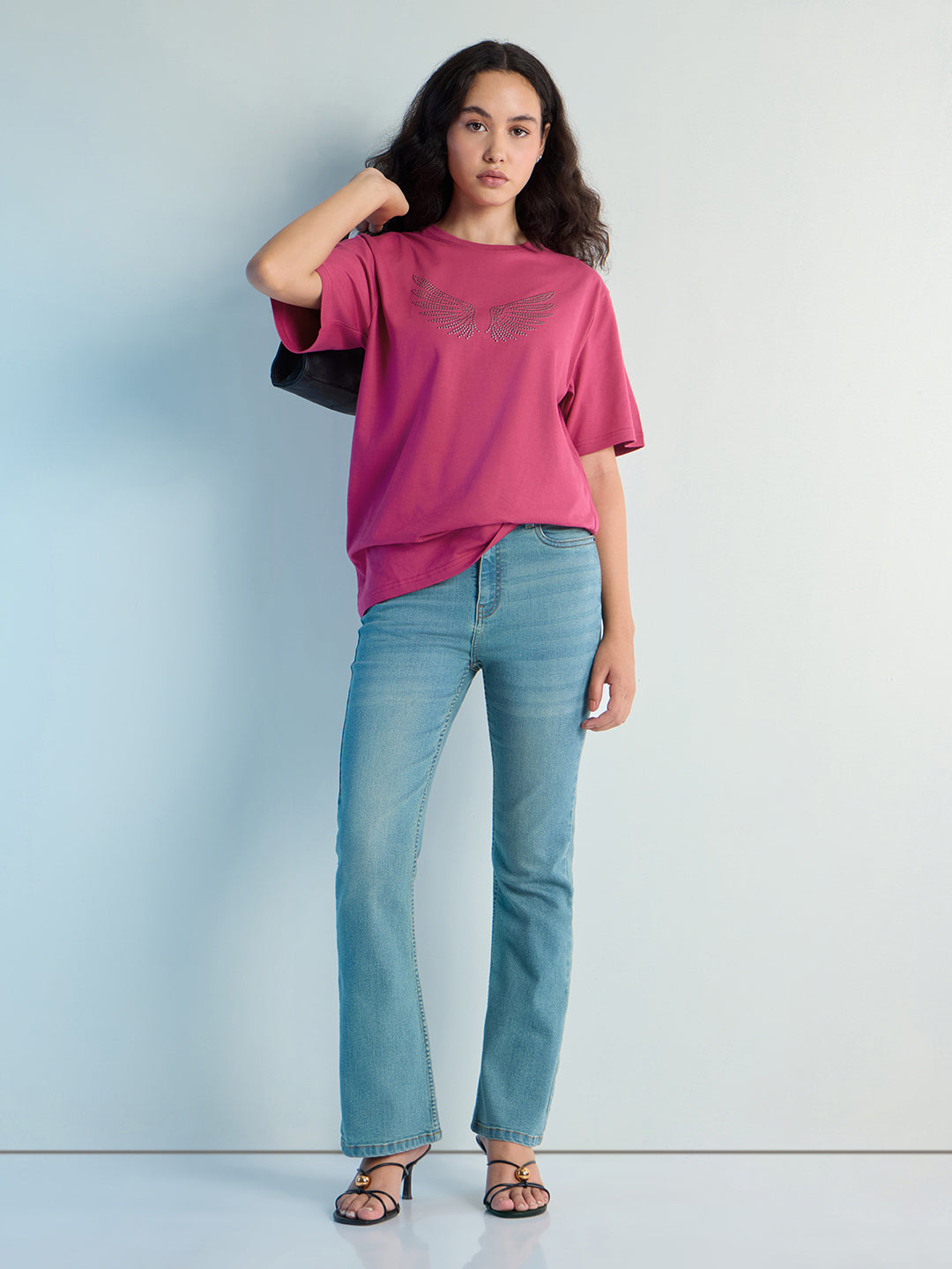 Womens Stud Detailed Oversized Round Neck Tshirt 