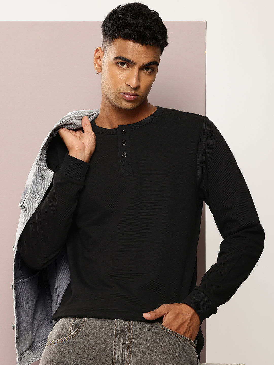 Mens Full Sleeve Henley Neck Solid Regular Fit Tshirts