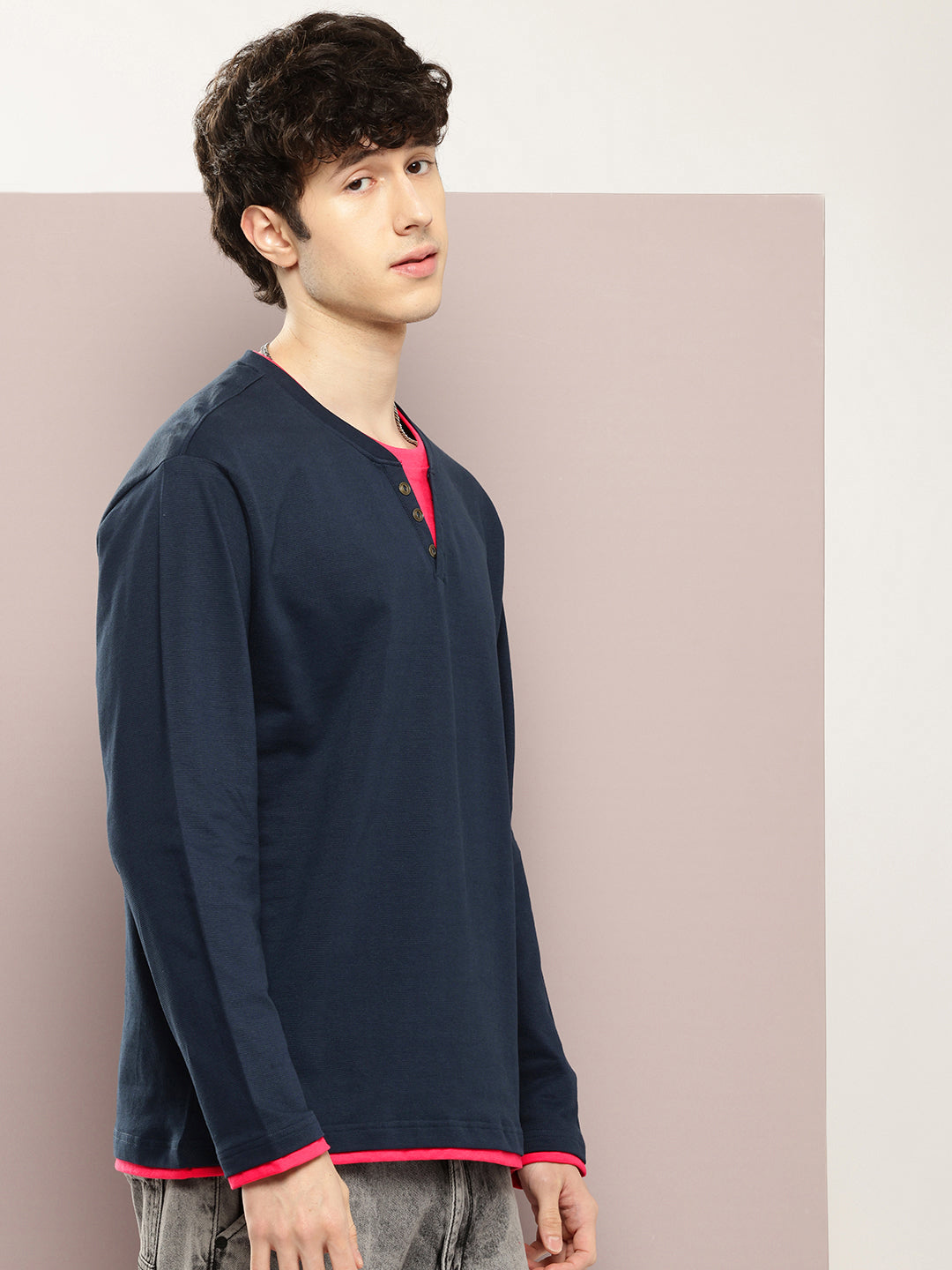 Mens Full Sleeve V-Neck Solid Oversized Fit Tshirts