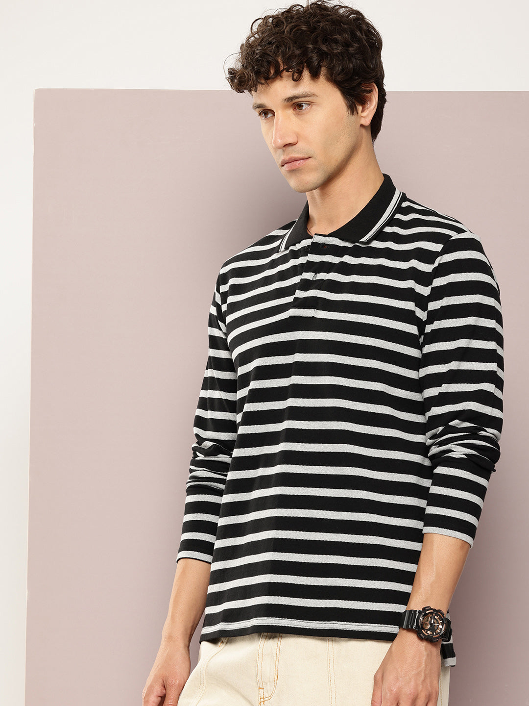 Mens Full Sleeve Polo Neck All-Over Striped Regular Fit Tshirts