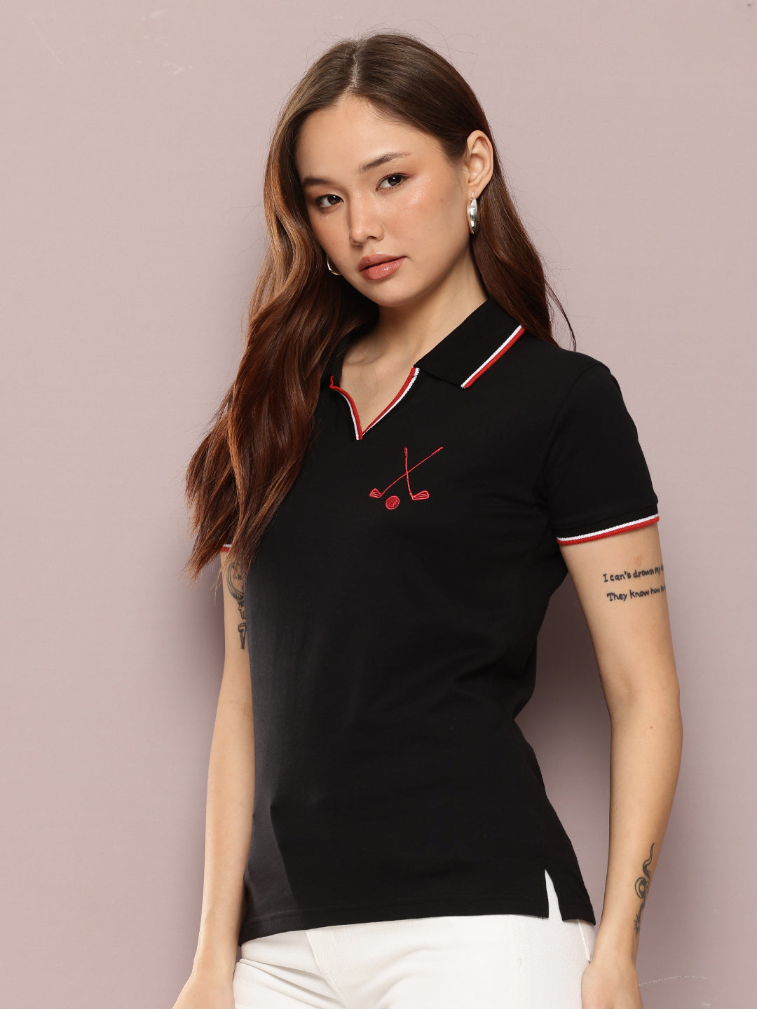 Womens Half Sleeve Polo Neck Embroidered Regular Fit Tshirts