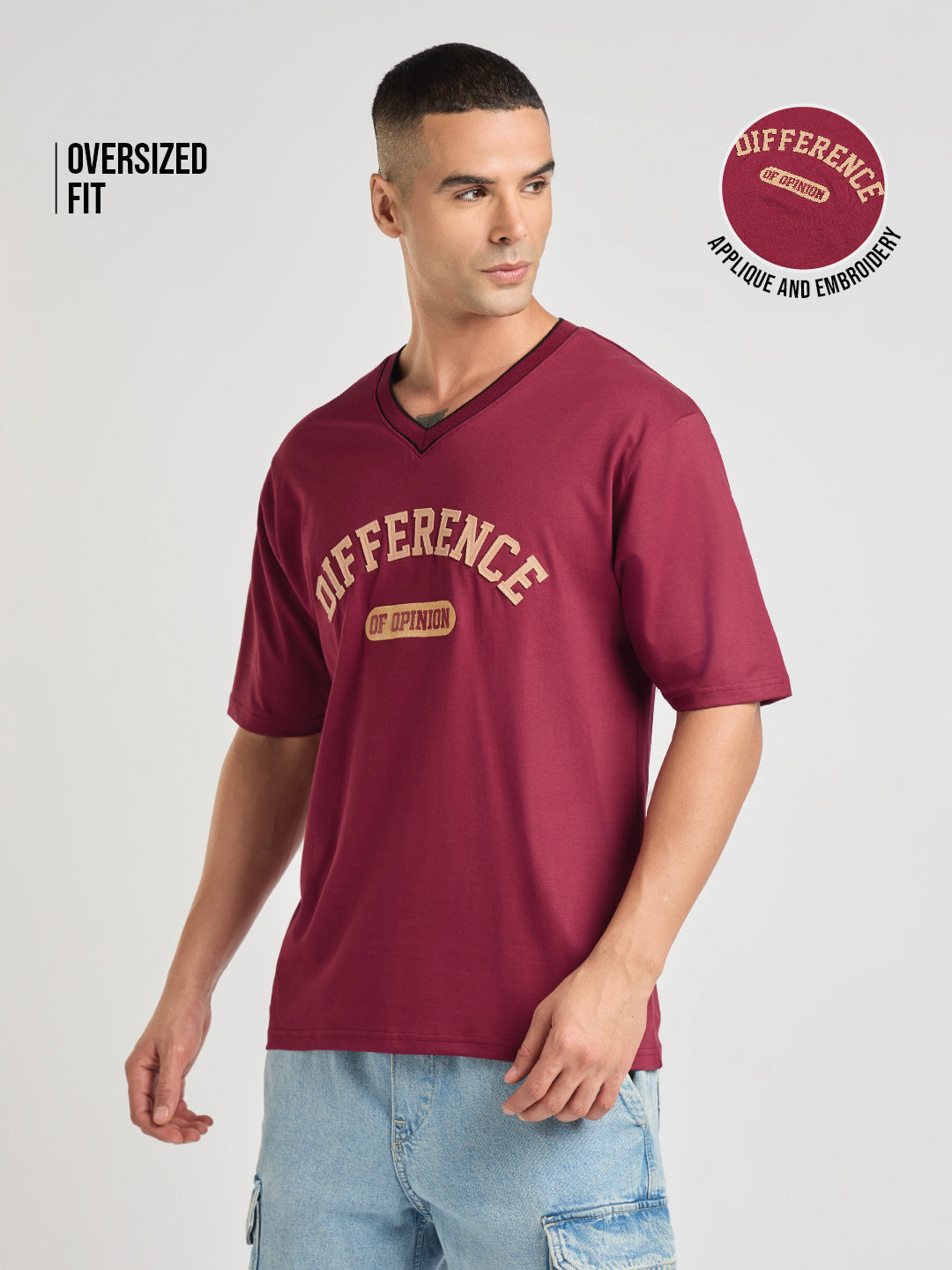 Mens Applique Oversized Cotton V-Neck Tshirt